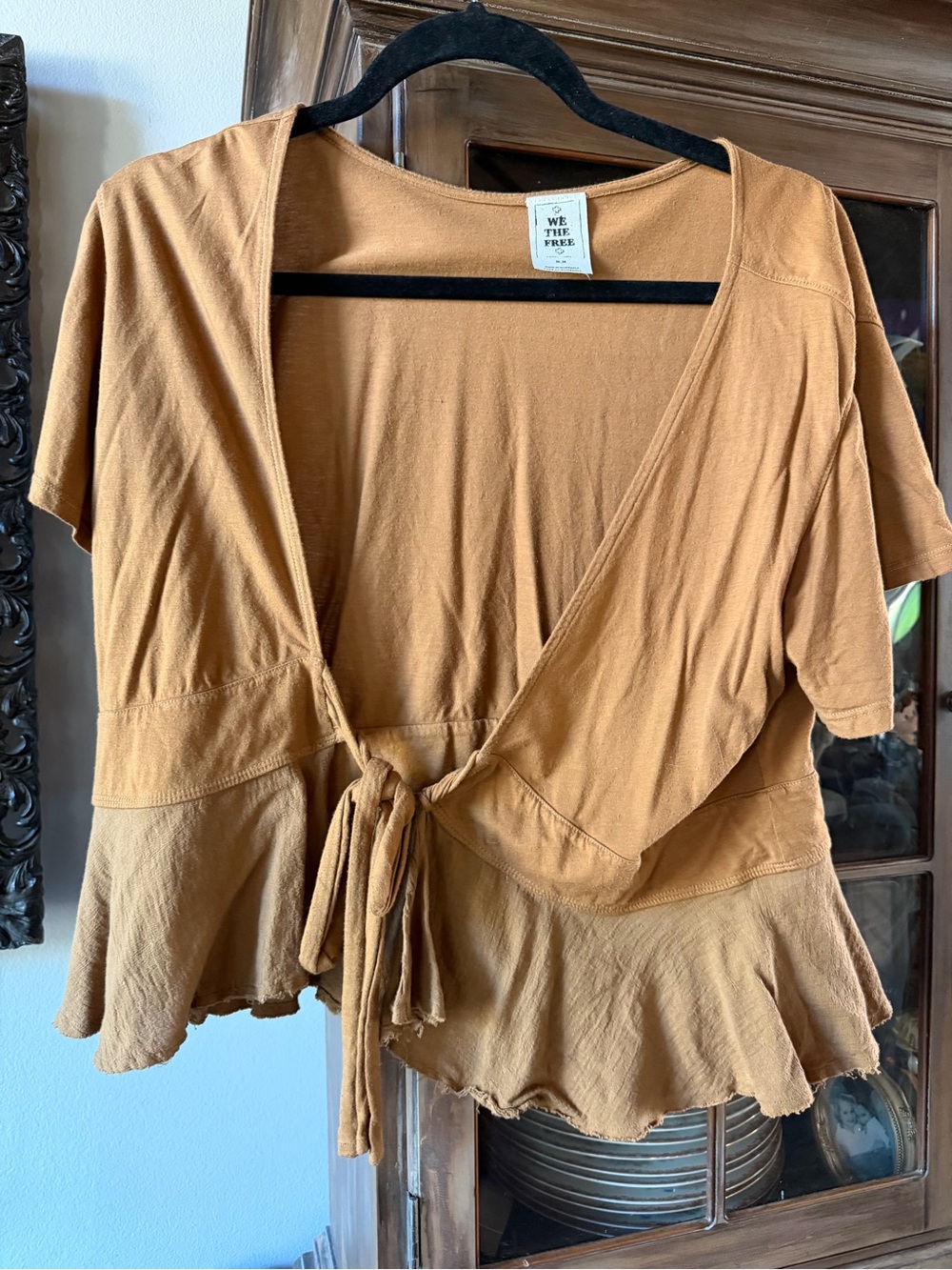 We The Free Mustard Tie-Front Peplum Tunic Top